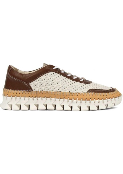 Kadın Kahverengi Bej Bağcıklı Kalın Tabanlı Deri Sneaker