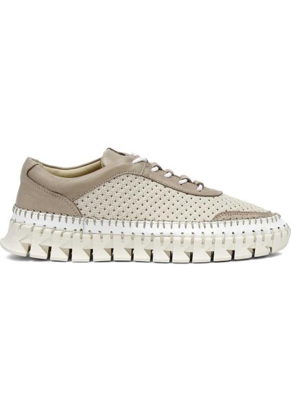 Kadın Bej Vizon Bağcıklı Kalın Tabanlı Deri Sneaker