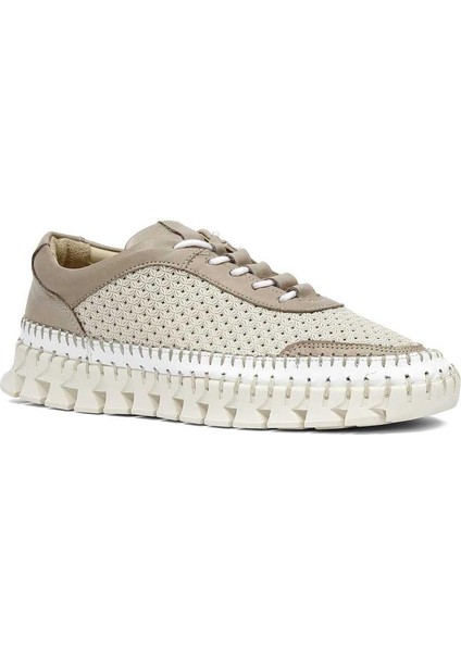 Kadın Bej Vizon Bağcıklı Kalın Tabanlı Deri Sneaker