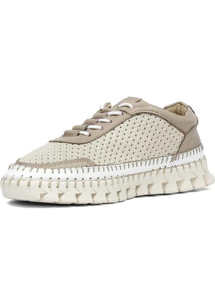 Kadın Bej Vizon Bağcıklı Kalın Tabanlı Deri Sneaker