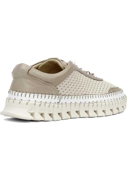 Kadın Bej Vizon Bağcıklı Kalın Tabanlı Deri Sneaker