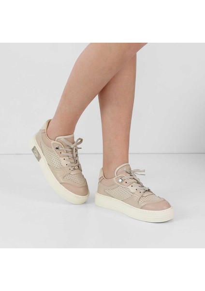Kadın Bej Pudra Bağcıklı Kalın Tabanlı Deri Sneaker