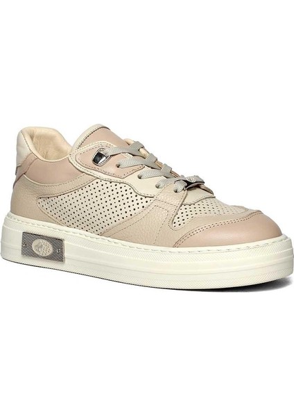 Kadın Bej Pudra Bağcıklı Kalın Tabanlı Deri Sneaker
