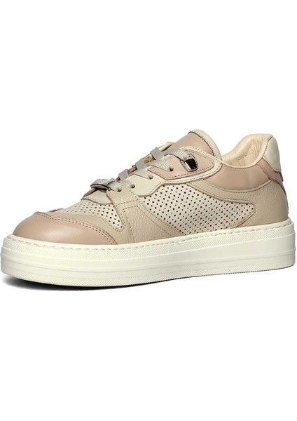 Kadın Bej Pudra Bağcıklı Kalın Tabanlı Deri Sneaker