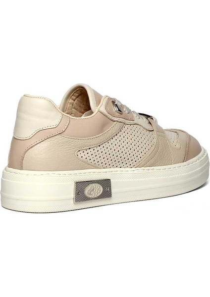 Kadın Bej Pudra Bağcıklı Kalın Tabanlı Deri Sneaker