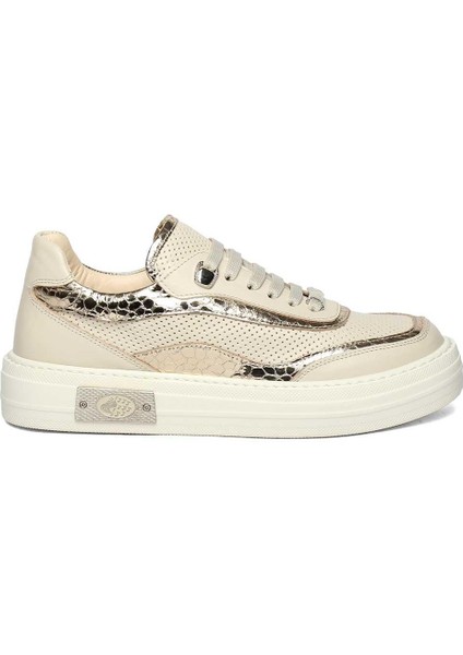 Kadın Bej Altın Bağcıklı Kalın Tabanlı Deri Sneaker