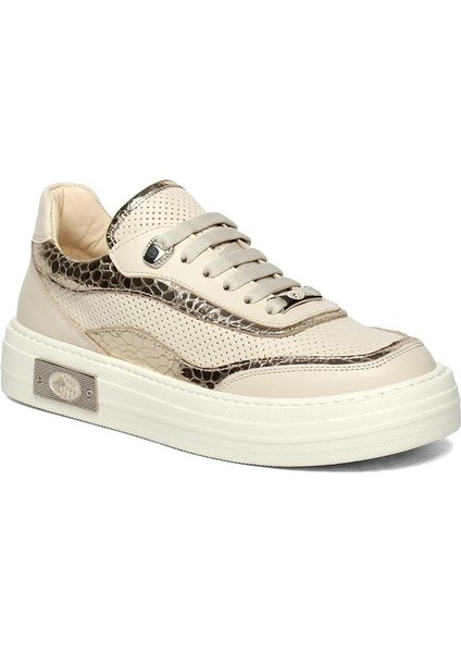 Kadın Bej Altın Bağcıklı Kalın Tabanlı Deri Sneaker