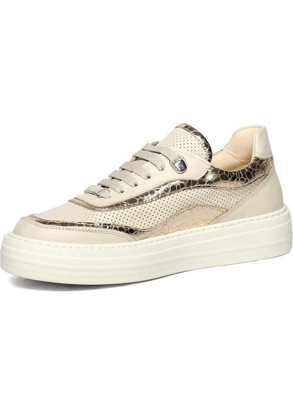 Kadın Bej Altın Bağcıklı Kalın Tabanlı Deri Sneaker