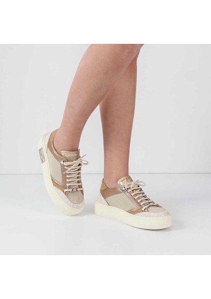 Kadın Bej Vizon Bağcıklı Kalın Tabanlı Deri Sneaker