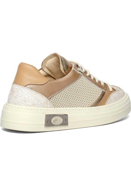 Kadın Bej Vizon Bağcıklı Kalın Tabanlı Deri Sneaker