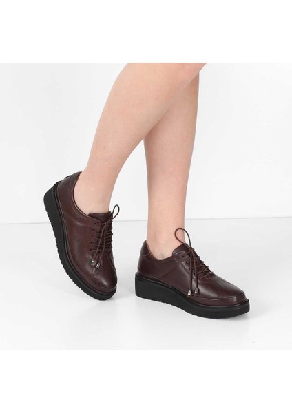 Kadın Kahverengi Bağcıklı Dolgu Topuklu Deri Ayakkabı fiyatları