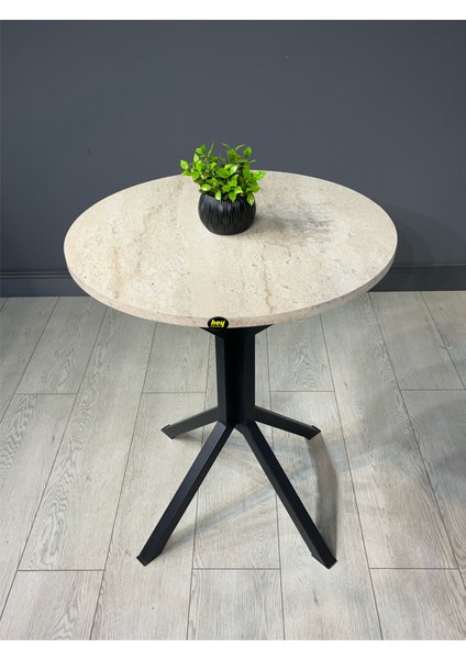 Ikra Traverten Yuvarlak Balkon Masası Mutfak Yemek Masası Siyah Ayak 60 cm