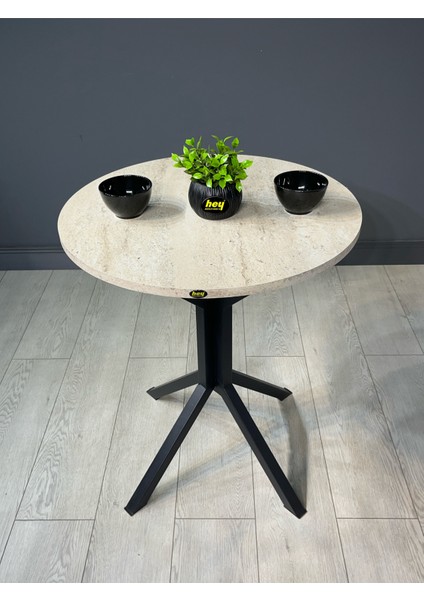 Ikra Traverten Yuvarlak Balkon Masası Mutfak Yemek Masası Siyah Ayak 60 cm fiyatları