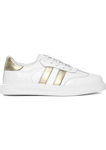 Kadın Beyaz Altın Bağcıklı Kalın Tabanlı Deri Sneaker