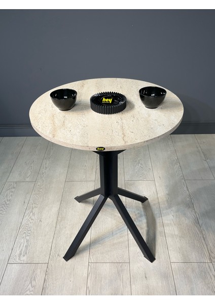 Ikra Traverten Yuvarlak Balkon Masası Mutfak Yemek Masası Siyah Ayak 60 cm modelleri