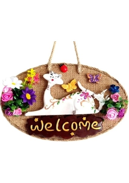 Welcome Yazılı Kedili El Yapımı Kapı Süsü