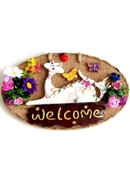 Welcome Yazılı Kedili El Yapımı Kapı Süsü