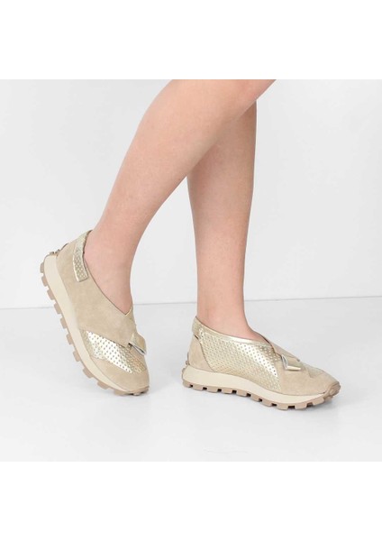 Kadın Bej Süet Altın Deri Sneaker