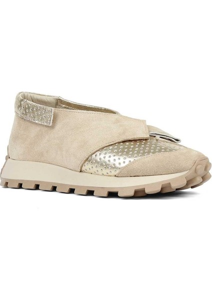 Kadın Bej Süet Altın Deri Sneaker