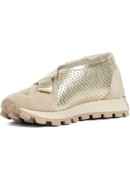 Kadın Bej Süet Altın Deri Sneaker