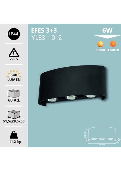 6W Dış Mekan Aplik Günışığı- Efes 3+3 Dış Mekan Aplik