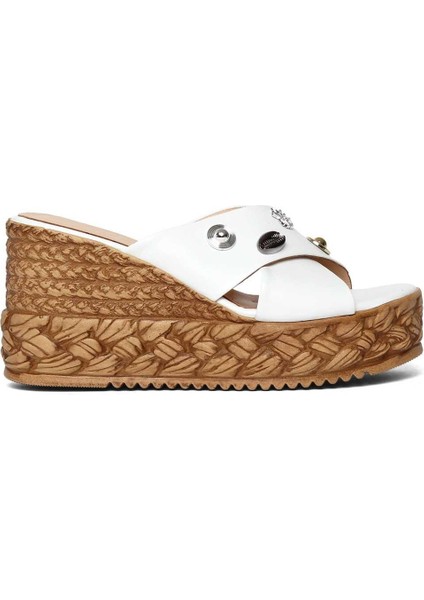 Kadın Beyaz Tokalı Dolgu Topuklu Deri Terlik