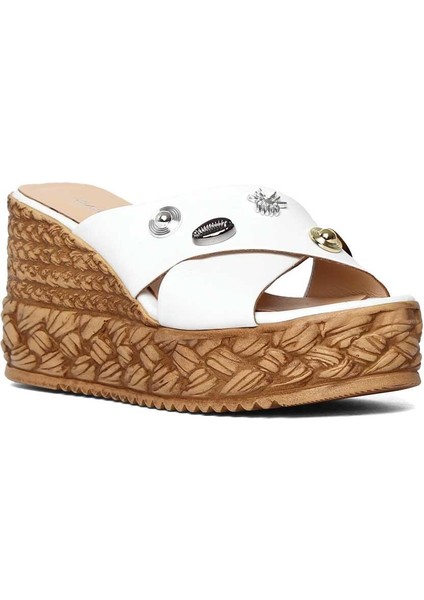 Kadın Beyaz Tokalı Dolgu Topuklu Deri Terlik modelleri