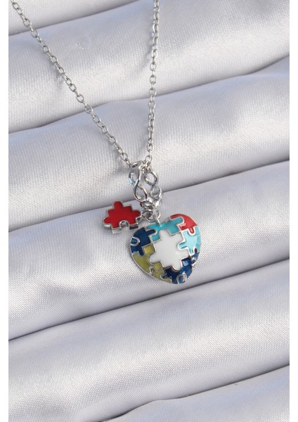 Gümüş Renk Yapboz Motif Kalp Figür Charm Model Kadın Kolye - EBJ241012W28472