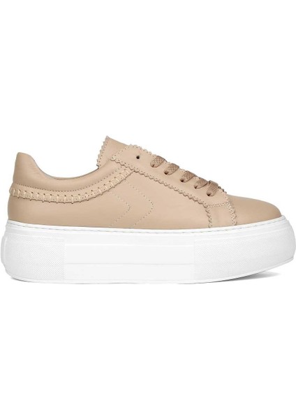 Kadın Pudra Bağcıklı Kalın Tabanlı Deri Sneaker
