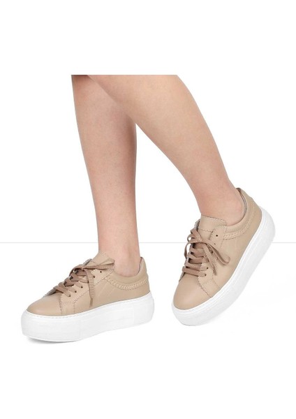 Kadın Pudra Bağcıklı Kalın Tabanlı Deri Sneaker fiyatları