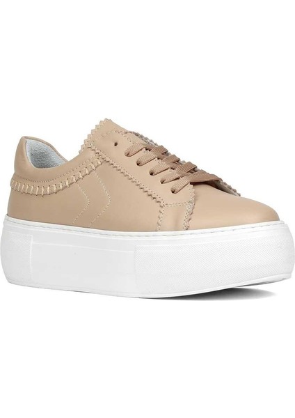 Kadın Pudra Bağcıklı Kalın Tabanlı Deri Sneaker modelleri