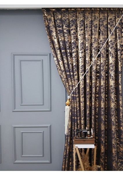 Füme Gri Gold Varak Parlak Bağcıklı Opart Kumaş 3kat Pileli Fon Perde