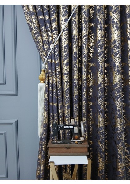 Füme Gri Gold Varak Parlak Bağcıklı Opart Kumaş 3kat Pileli Fon Perde modelleri