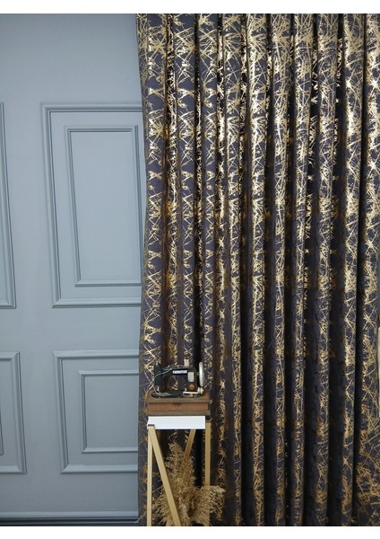 Füme Gri Gold Varak Parlak Bağcıklı Opart Kumaş 3kat Pileli Fon Perde fırsatları