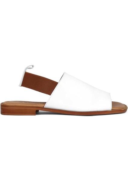 Kadın Beyaz Bilekten Lastikli Deri Sandalet