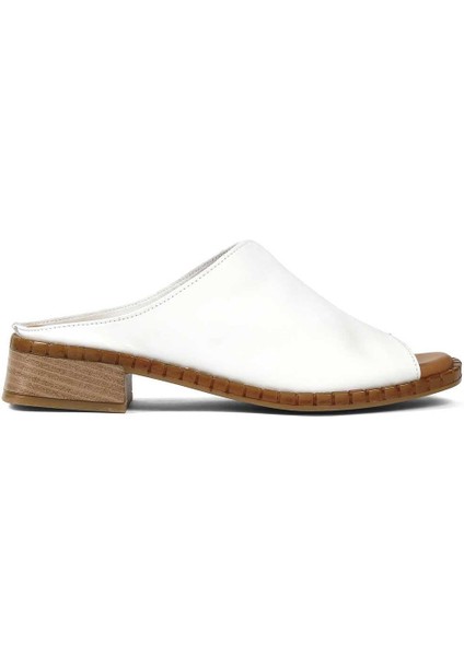 Kadın Beyaz Önü Açık Topuklu Deri Terlik
