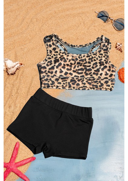 Yaprak Desenli Sırt Detaylı Esnek Kumaş Kız Çocuk Bikini Takımı