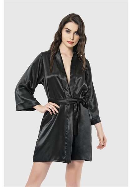 - Siyah Kısa Saten Sabahlık