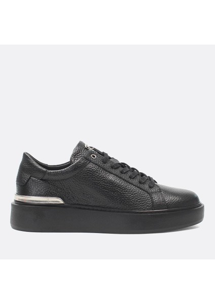 Erkek Siyah Bağcıklı Kalın Tabanlı Deri Sneaker