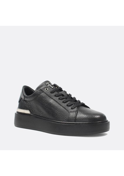 Erkek Siyah Bağcıklı Kalın Tabanlı Deri Sneaker