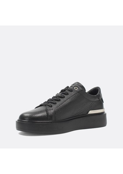 Erkek Siyah Bağcıklı Kalın Tabanlı Deri Sneaker
