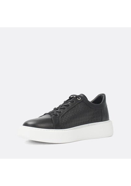 Erkek Siyah Bağcıklı Kalın Tabanlı Deri Sneaker fırsatları