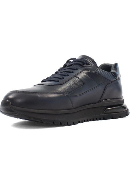 Erkek Lacivert Bağcıklı Kalın Tabanlı Deri Sneaker fırsatları