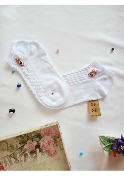 Burun Dikişsiz Patik Çorap Pamuklu Kısa Konç Desenli Kadın Çorabı 36-40 Tek Adet Beyaz