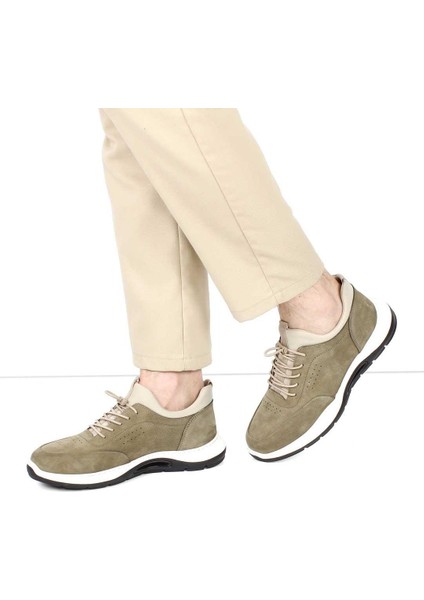 Erkek Haki Bağcıklı Kalın Tabanlı Nubuk Deri Sneaker