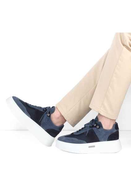 Erkek Mavi Bağcıklı Kalın Tabanlı Süet Deri Sneaker