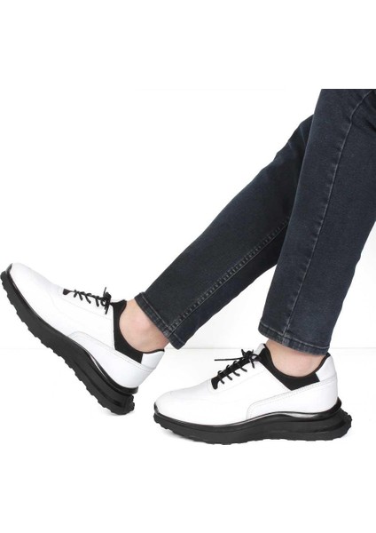 Erkek Beyaz Bağcıklı Kalın Tabanlı Deri Sneaker