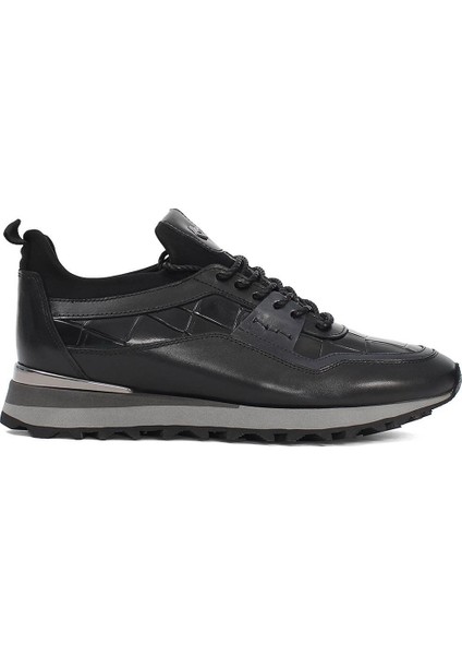 Erkek Siyah Kroko Bağcıklı Kalın Tabanlı Deri Sneaker