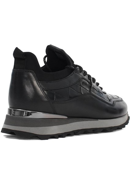 Erkek Siyah Kroko Bağcıklı Kalın Tabanlı Deri Sneaker indirimleri