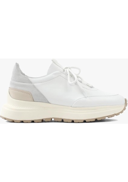 Erkek Beyaz Bağcıklı Kalın Tabanlı Deri Sneaker